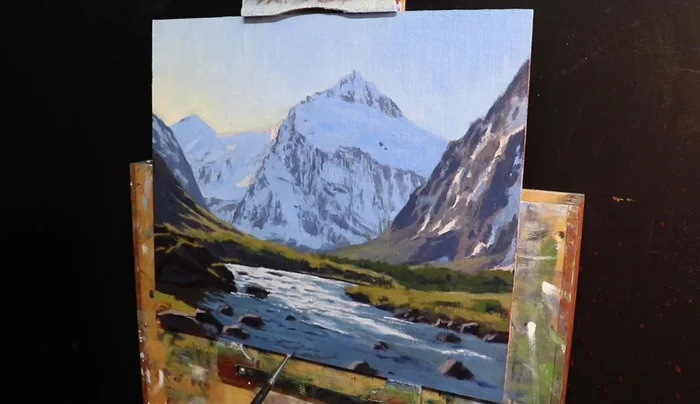 Paint underwater stones and boulders with Ultramarine blue, Burnt sienna, and Titanium white, adjusting the mix for sunlight areas.