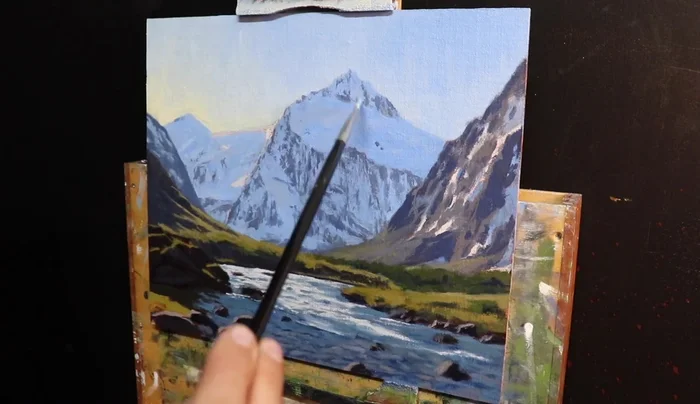 Paint more rocks and boulders in the stream with a dark neutral gray (Ultramarine blue, Burnt sienna, Titanium white).