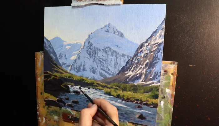Paint more rocks and boulders in the stream with a dark neutral gray (Ultramarine blue, Burnt sienna, Titanium white).
