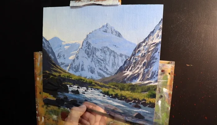 Add final highlights and sparkles to the water using Titanium white with a touch of Yellow oxide.