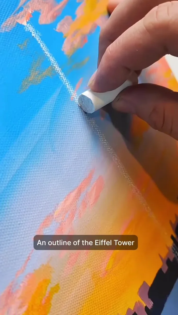 Paint the Eiffel Tower silhouette using dark blue.