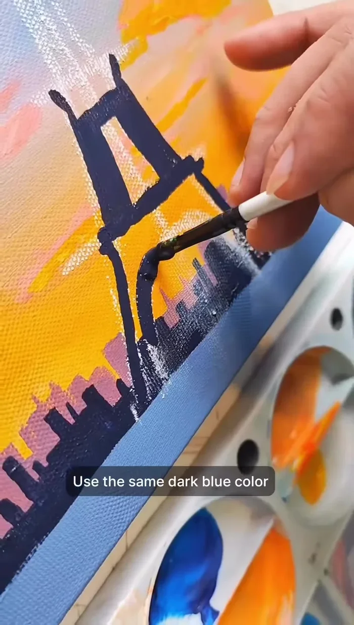 Paint the Eiffel Tower silhouette using dark blue.