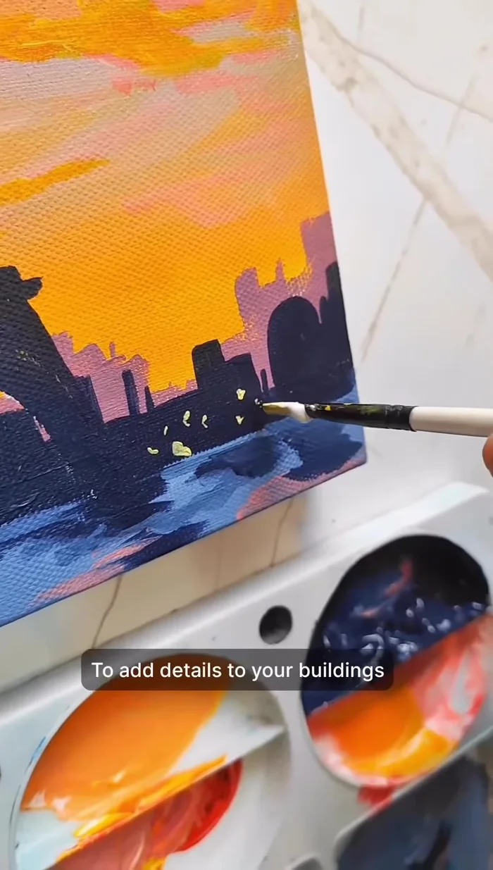 Add details to the buildings and Eiffel Tower using pastel yellow.