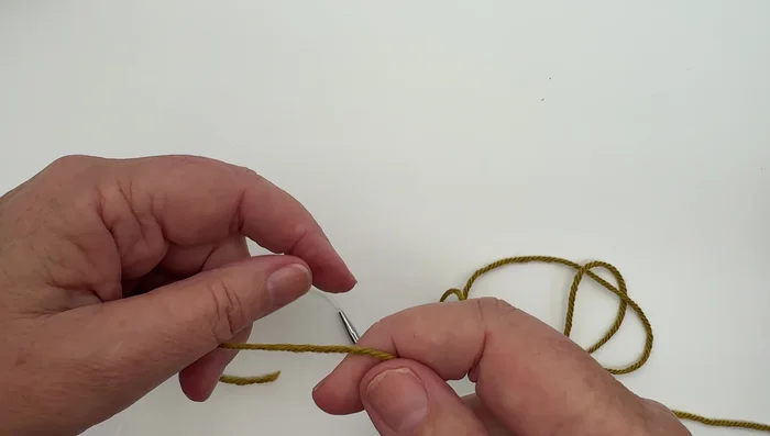 Insert needle tip through the slip knot and pull the working yarn (attached to the ball) to close the slip knot.