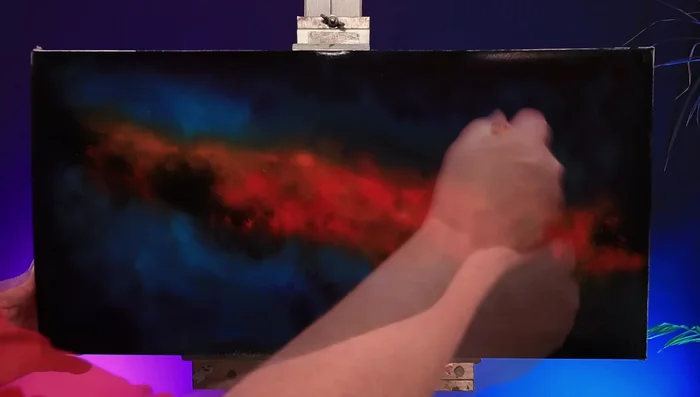 Create a focal point with pale yellow ochre and titanium white, using the twirling brush technique.