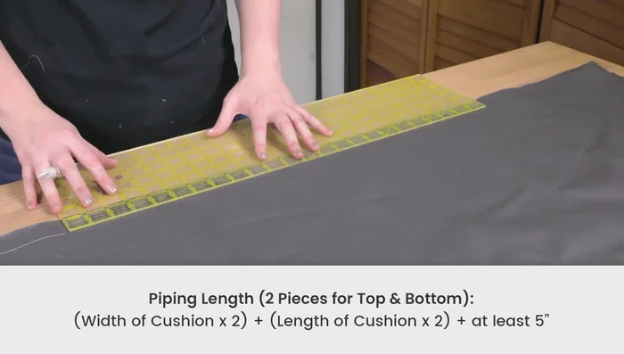 Cut the piping. The length should equal the cushion perimeter plus about 5 inches for joining. Width should be the cording width plus twice the seam allowance (example: 1.25 inches wide).