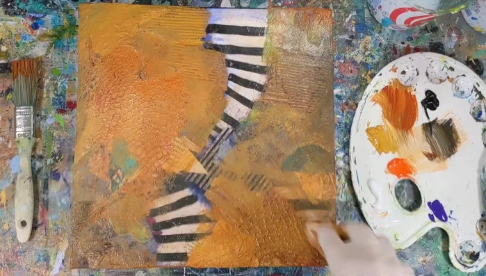 Layer paints (burnt sienna, yellow ochre, black, titanium white, cadmium orange, medium violet) to enhance the physical and visual texture.
