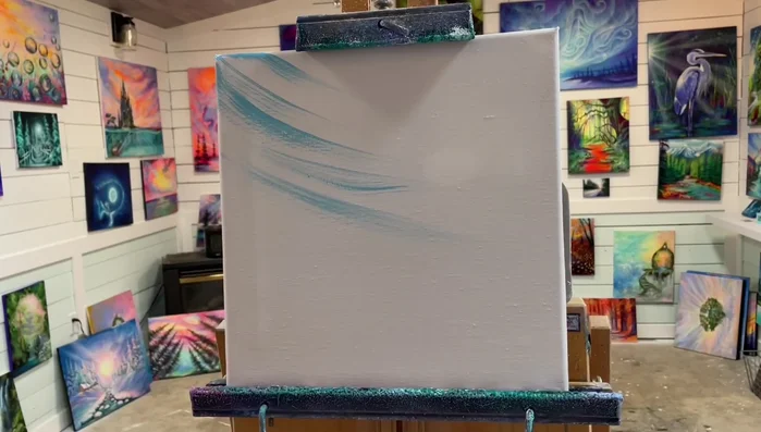 Add depth to the sunset: Apply smaller amounts of the orange-blue mixture lower on the canvas, creating perspective and making the clouds appear distant. Use white to create lighter tones and blend the colors.