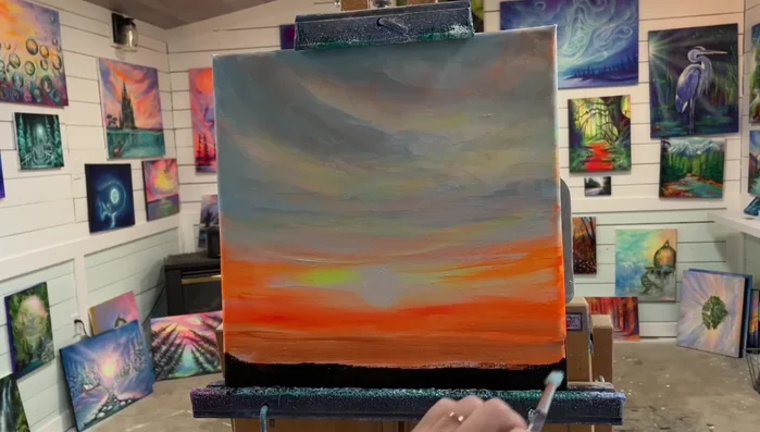 Add more foliage: Use a mop brush with red, orange, and black to add more foliage, varying brushstrokes for different sizes and textures.