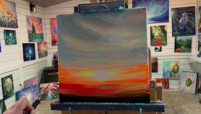 Add neon red: Apply neon red over the orange and yellow to create pops of color, mainly below the sun and lightly over some flowers.