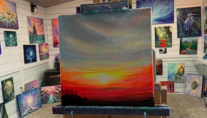 Add more foliage: Use a mop brush with red, orange, and black to add more foliage, varying brushstrokes for different sizes and textures.