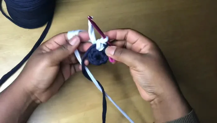 Continue changing colors, making two single crochets in each stitch until the end of the round (16 single crochets total).