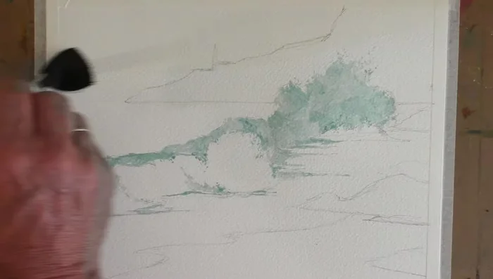 Light Suggestions: Lift out light suggestions in the sea using a damp, clean brush, especially along the horizon.