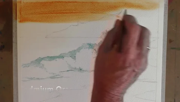 Light Suggestions: Lift out light suggestions in the sea using a damp, clean brush, especially along the horizon.