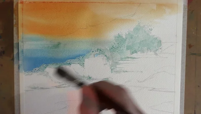 Light Suggestions: Lift out light suggestions in the sea using a damp, clean brush, especially along the horizon.