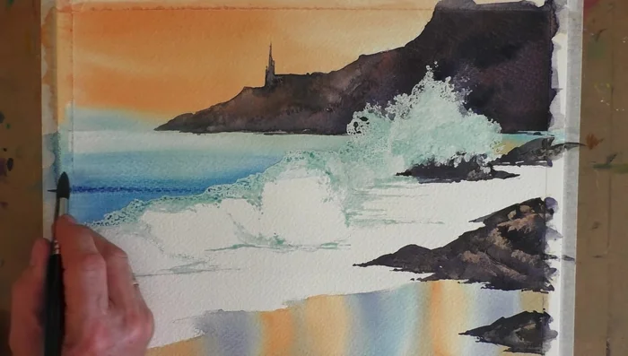 Sea Detail & Sand: Add subtle details to the sea with a mix of cobalt blue and alizarin crimson. Add water droplets with a spray bottle and paint ripples in the sand.