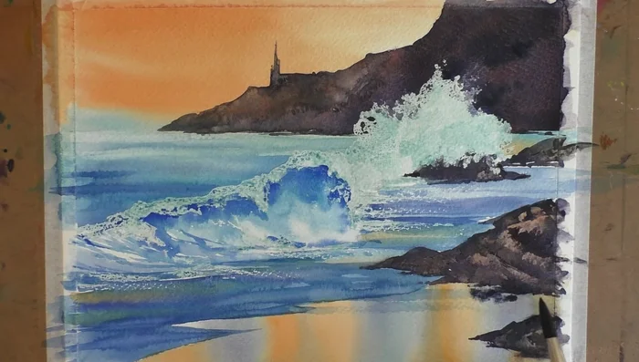 Sea Detail & Sand: Add subtle details to the sea with a mix of cobalt blue and alizarin crimson. Add water droplets with a spray bottle and paint ripples in the sand.