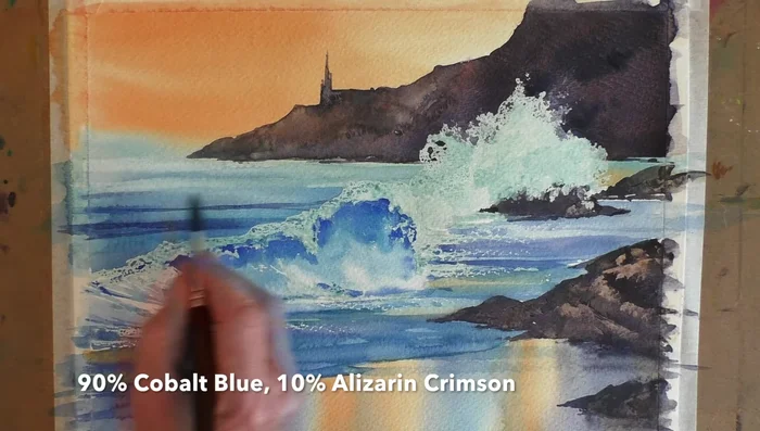 Sea Detail & Sand: Add subtle details to the sea with a mix of cobalt blue and alizarin crimson. Add water droplets with a spray bottle and paint ripples in the sand.