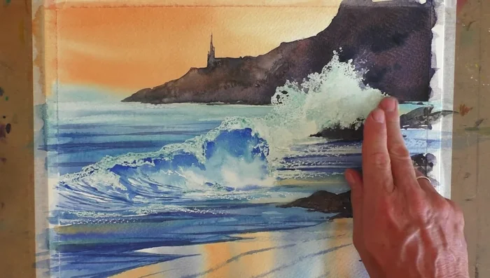 Final Details: Add details like seagulls with white pastel, and use a scalpel to create sparkles and spray in the water (carefully!).