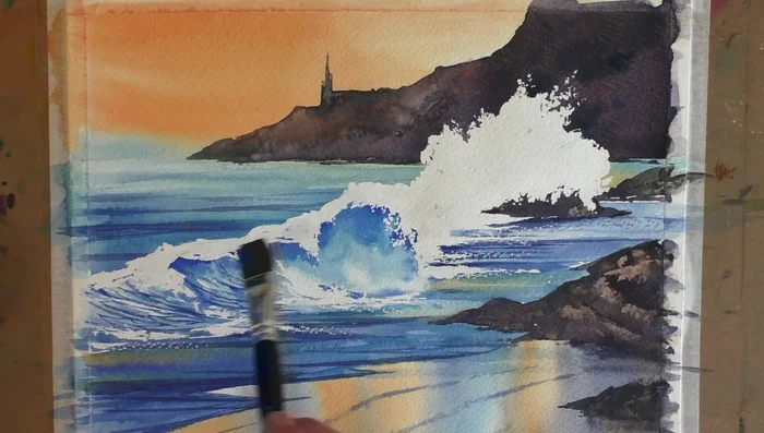 Final Details: Add details like seagulls with white pastel, and use a scalpel to create sparkles and spray in the water (carefully!).