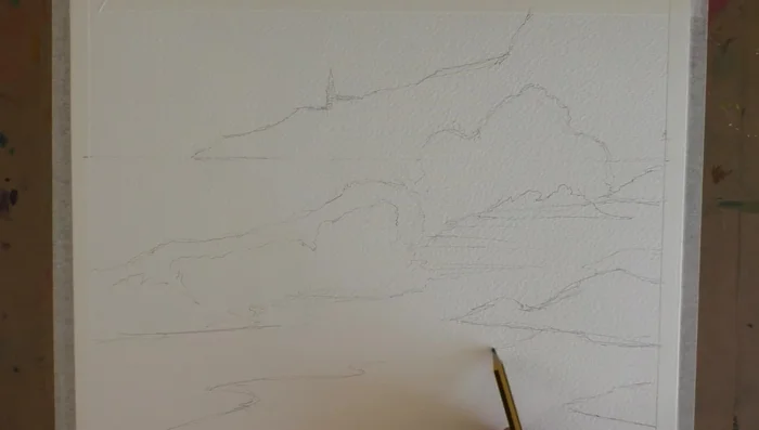 Masking Fluid Application: Apply masking fluid to preserve the white areas of the waves, working quickly before it dries.