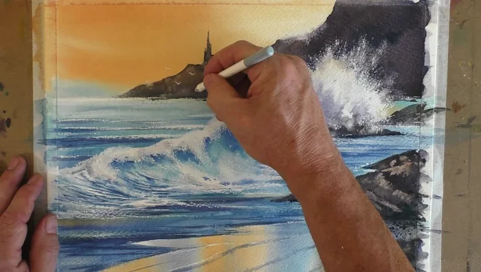 Final Details: Add details like seagulls with white pastel, and use a scalpel to create sparkles and spray in the water (carefully!).