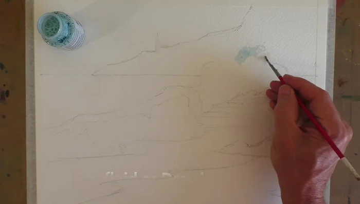 Masking Fluid Application: Apply masking fluid to preserve the white areas of the waves, working quickly before it dries.