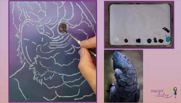 Gradually add black and Prussian blue to darken the pupil and surrounding areas, building up layers for depth and intensity.