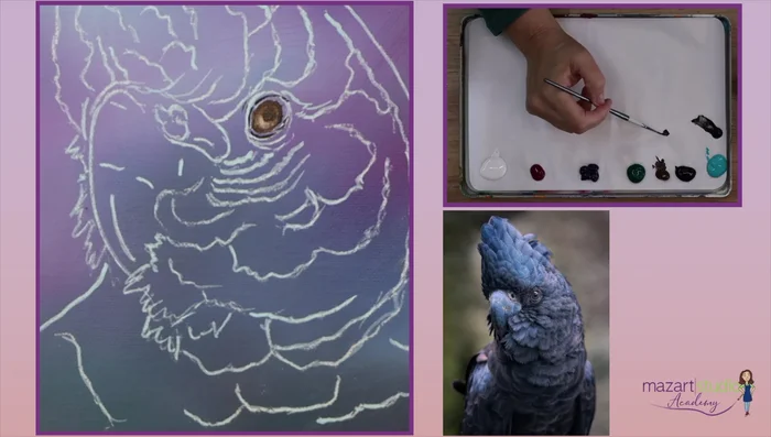 Gradually add black and Prussian blue to darken the pupil and surrounding areas, building up layers for depth and intensity.