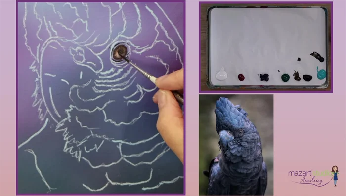 Gradually add black and Prussian blue to darken the pupil and surrounding areas, building up layers for depth and intensity.