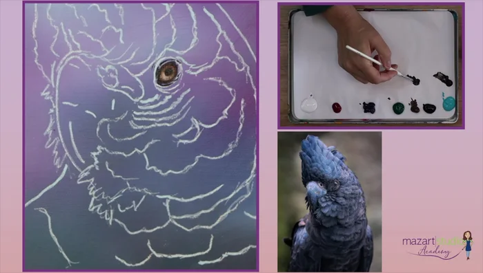 Create a dark gray mix (black, blue, tiny bit of white) for the darkest corners of the eye.