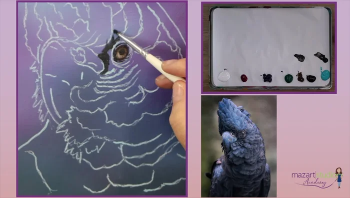 Add tiny dots of lighter tones to suggest feathers. Focus on the areas where light hits the strongest.