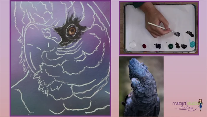 Add tiny dots of lighter tones to suggest feathers. Focus on the areas where light hits the strongest.