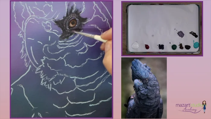 Add tiny dots of lighter tones to suggest feathers. Focus on the areas where light hits the strongest.