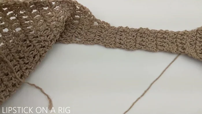 Turn work. Work one more row increasing (2dc in the first and last stitch). Chain 15. Join to other end of handle with slip stitch.
