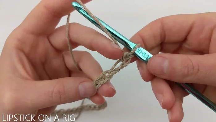 Turn work, skip first two chains. Double crochet (dc) in the back loop only of the next 32 stitches.