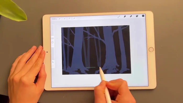 Add a layer between trees for the background, using dark greens to work towards lighter shades.