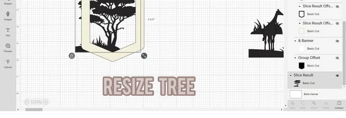 Use the contour tool to remove the triangle. Change the color to contrast with the tree. Align center and group.