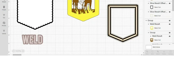 Unhide the rest of the banner, duplicate the frame, and weld it. Go to contour, hide all, and change to gray (to represent acetate). Send to the back, align center, and group.