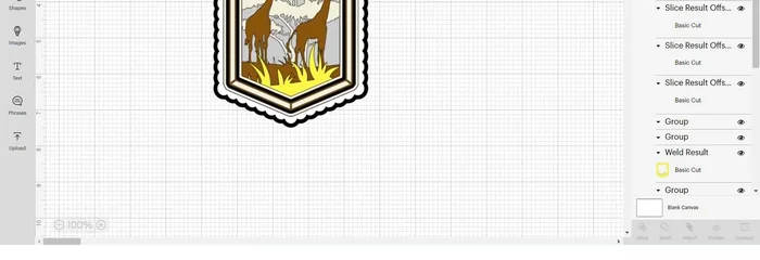 Import a half-banner shape, duplicate the first banner part, position together, align at the top, and slice. Delete everything but the small banner part. Move this to the front and weld.