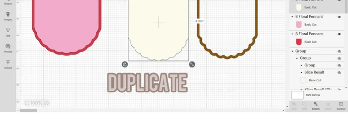 Import a half-banner shape, duplicate the first banner part, position together, align at the top, and slice. Delete everything but the small banner part. Move this to the front and weld.