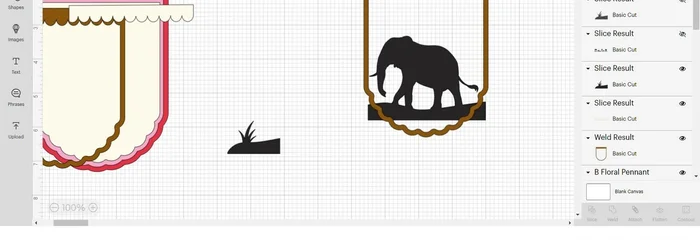 Duplicate the border, slice with the elephant, hide outer parts, and weld. Change colors, use contour to remove the bottom, and arrange.