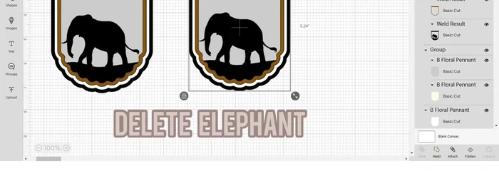 Flip the rhino, position with the elephant, duplicate the border, slice, weld, change colors, use contour to remove the bottom, and arrange.