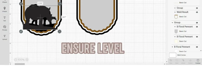 Flip the rhino, position with the elephant, duplicate the border, slice, weld, change colors, use contour to remove the bottom, and arrange.