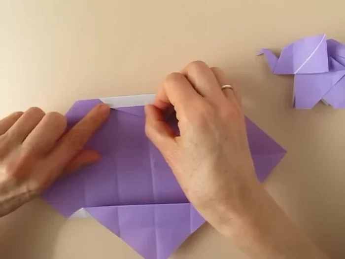 Fold along the center so that the central fold is a mountain fold. Rotate so that the point is up, fold and collapse.