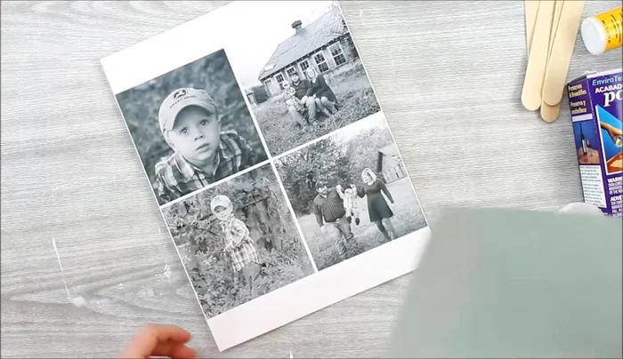 Prepare the printable tattoo paper. Print your desired pictures, mirroring them before printing. Peel back the adhesive liner and carefully apply the adhesive to the printed side, ensuring even coverage and pressing down firmly with a stir stick for better adhesion. Trim the printed image to fit the coaster size.