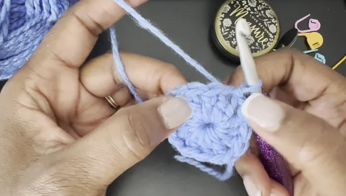 Repeat steps 4 and 5 until you reach the end of the round. Join with a slip stitch.