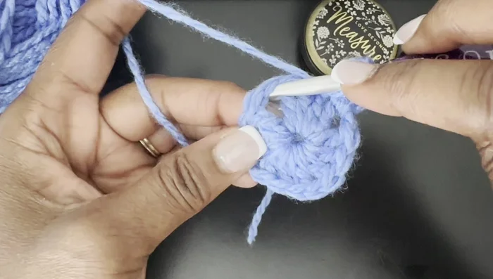 Repeat steps 4 and 5 until you reach the end of the round. Join with a slip stitch.
