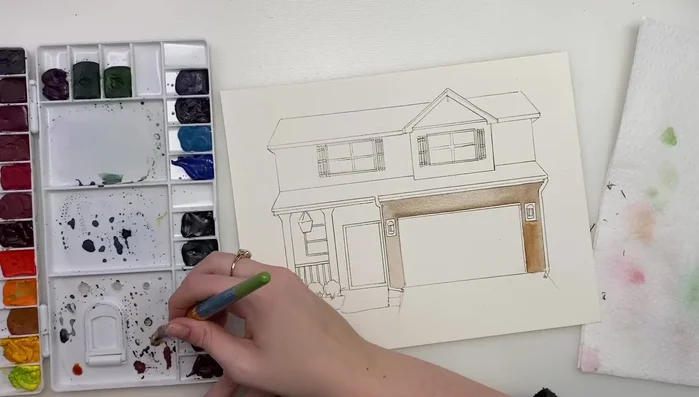 Adding a darker brown wash for the porch area.