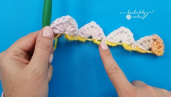 Chain 1, rotate your work, and work a new shell into the base of the last shell you made.